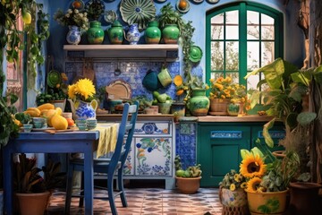 Maximalist style kitchen decorated in bright colors, with flowers and mediterranean design elements