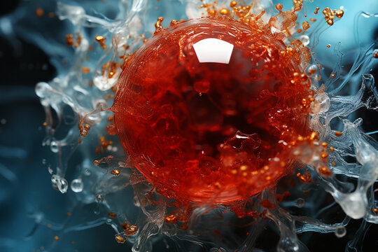 A detailed image of a leukemic blood smear under high magnification, highlighting the distorted nucleus and cytoplasm of blast cells,  