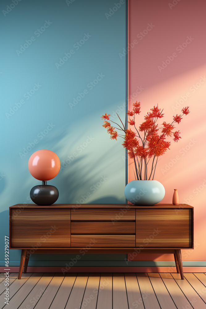 Poster a digitally rendered room featuring a gift box on a sleek, modern console table. the simple design a