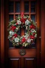 Fototapeta na wymiar Traditional christmas wreath on the door of the house. Handmade Xmas decoration