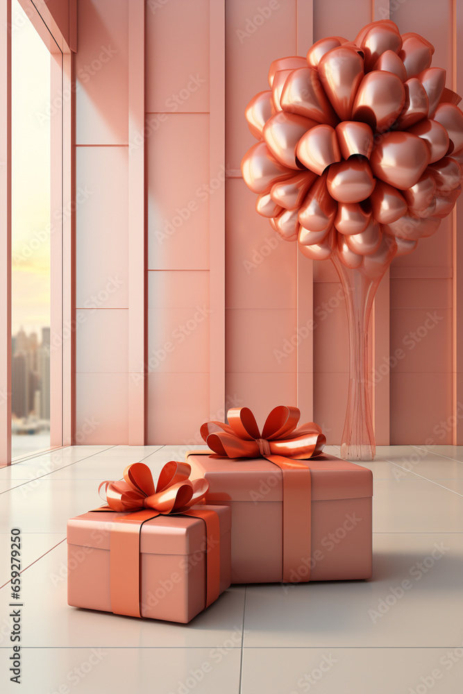 Leinwandbilder A digitally rendered room featuring a gift box on a sleek, modern console table. The simple design and copious copy space make it suitable for various messaging.  