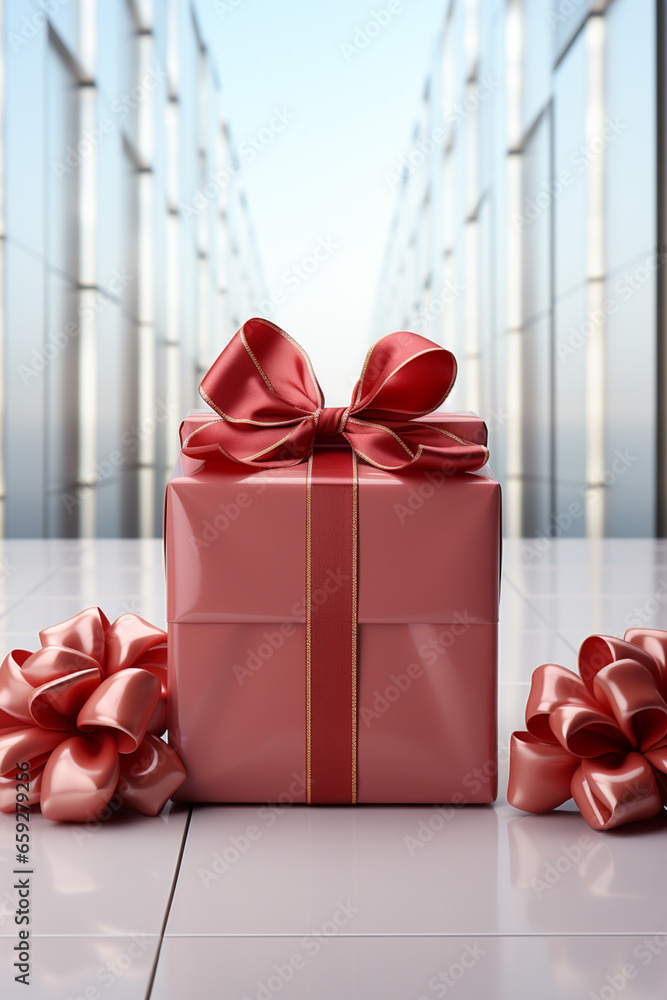 Poster a minimalistic holiday background showcasing a single gift box on a simple white surface.