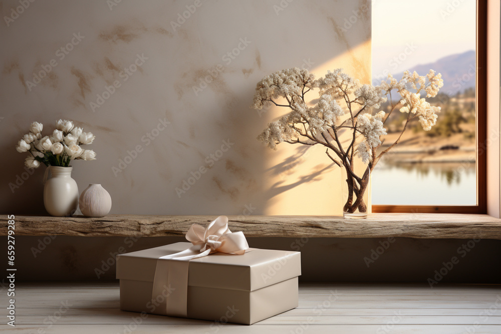 Poster a serene indoor setting with a beautifully wrapped gift box placed on a minimalistic shelf.