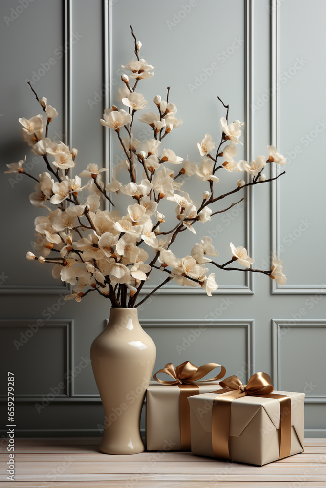 Poster a sophisticated image featuring a gift box placed on a sleek, modern shelf. the neutral color scheme