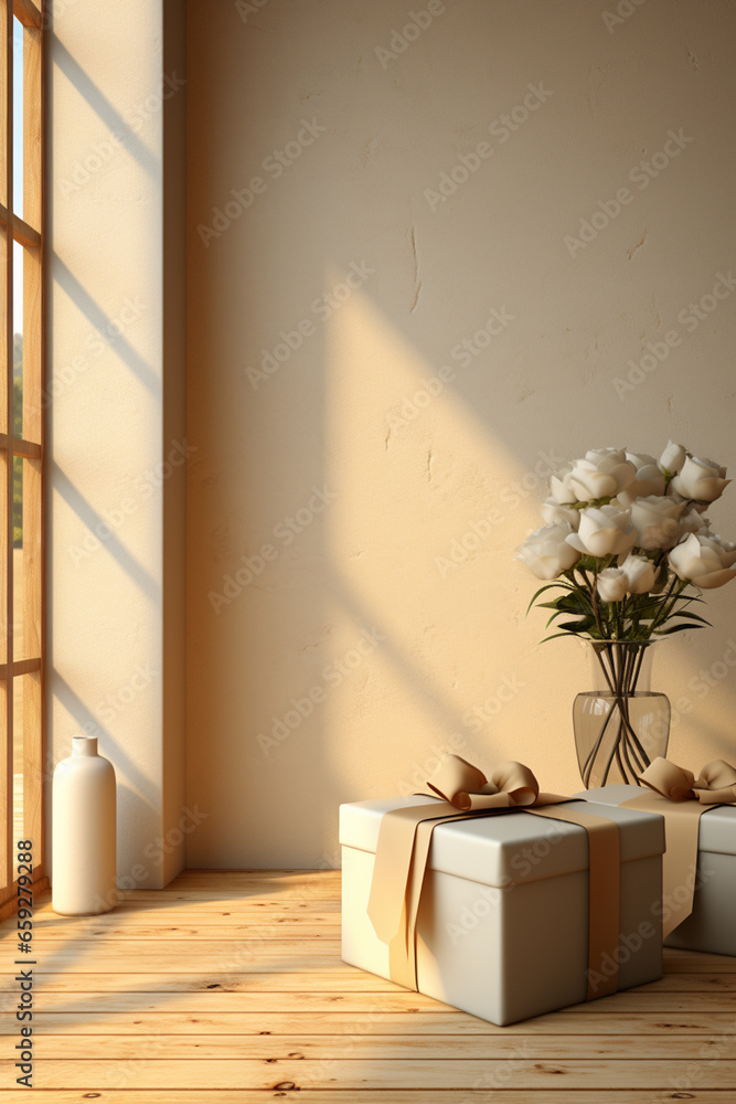 Poster A sophisticated image featuring a gift box placed on a sleek, modern shelf. The neutral color scheme and empty space above make it suitable for adding messages. 