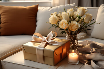 A digitally created living room scene with a single gift box sitting on a coffee table. 