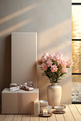 A sophisticated image featuring a gift box placed on a sleek, modern shelf. The neutral color scheme and empty space above make it suitable for adding messages.  