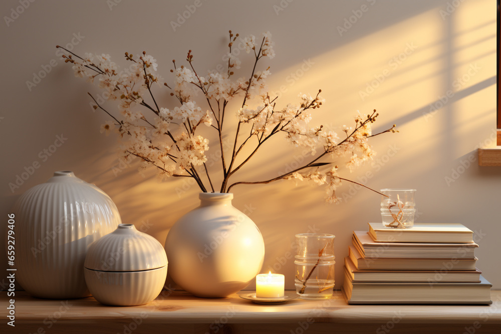 Aufkleber A serene indoor setting featuring a minimalistic holiday decoration on a shelf, surrounded by soft lighting. 