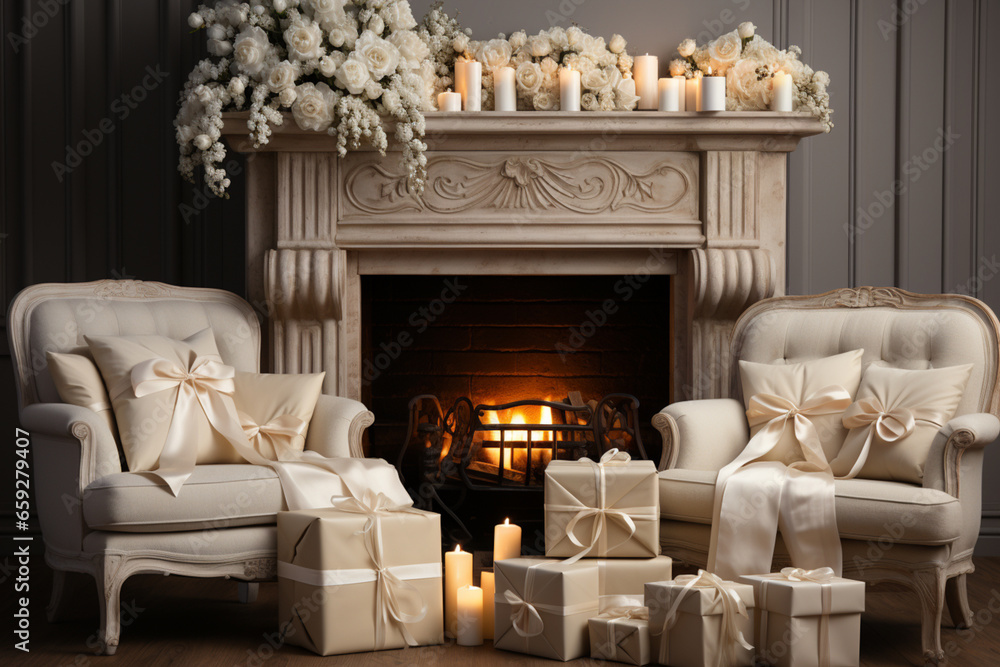 Poster an image showcasing a charming fireplace with a neatly wrapped gift box placed on the mantel. the ne