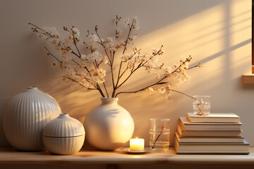 A serene indoor setting featuring a minimalistic holiday decoration on a shelf, surrounded by soft lighting. 