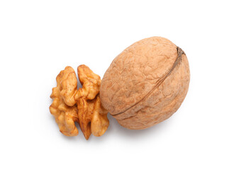 Natural walnuts on white background