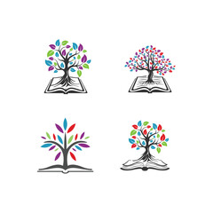 Logo set Tree in book with children playing
