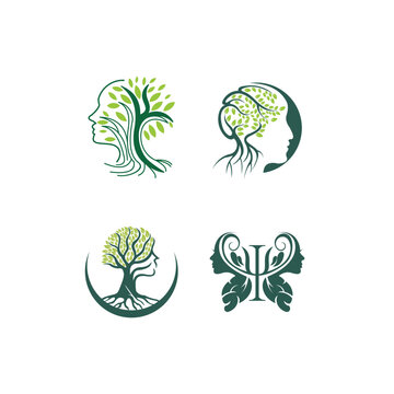 Set of vector logo, icon, emblem design with brain tree. Think green, eco, save earth and environmental concept. Flat outline brain tree isolated illustration
