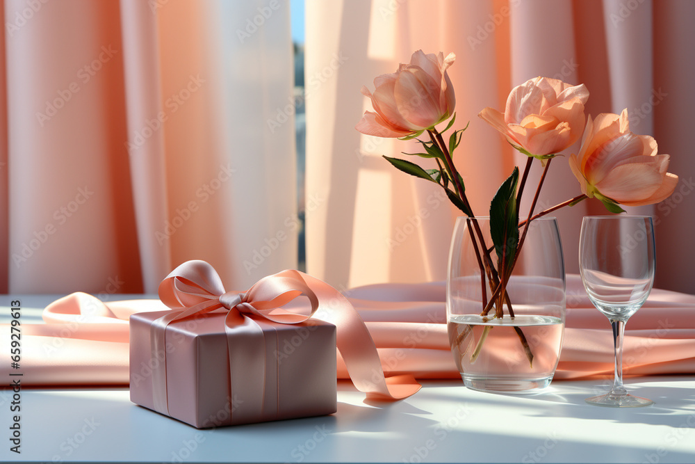Aufkleber A clean, modern digital background with a soft pastel palette. A neatly wrapped gift box sits on a sleek table against a pale backdrop,