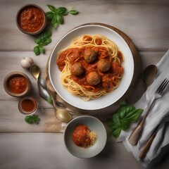 Fototapeta na wymiar A classic bowl of spaghetti with marinara sauce and meatballs3