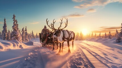 A sleigh pulled by reindeer on the winter background Ai Generative - obrazy, fototapety, plakaty