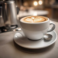 A steaming cup of coffee with latte art on the surface4