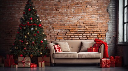 Portrait Christmas tree with sofa on the living room Ai Generative