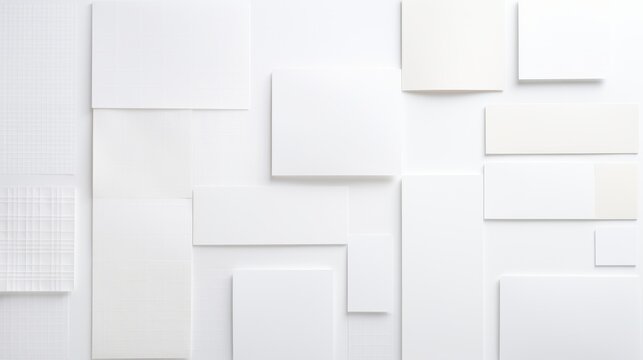 A unique and artistic image of a white wall with various sizes of white paper and cardstock scattered on it. The papers are arranged in a random, abstract manner. The papers are all white and have