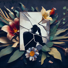 Silhouette on an abstract background with flowers and a broken mirror. Contemporary art collage. Generated by AI