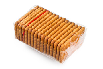 Transparent packaging of biscuits. A pack of cookies on a white background. Biscuits in cellophane...