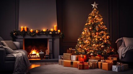Fototapeta na wymiar Christmas tree with decorations beside the fireplace in the living room AI Generative