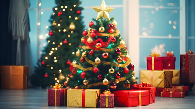 A Christmas tree, decorated with many colorful gift boxes fills a warm room.