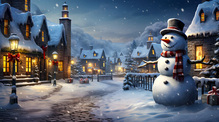 Snowman, Christmas festival, rural village, light snow. - obrazy, fototapety, plakaty