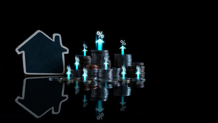 Stack of coins with up arrow and percentage symbols of financial and mortgage interest rates, inflation, banking economic interest rates. Financial crisis. Concept of inflation and interest rates