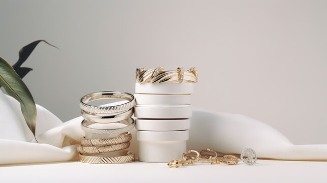 A collection of jewelry on a white background. The jewelry includes gold and silver bangles, a gold chain necklace, and a diamond ring. The image has a green plant in the background for a touch of