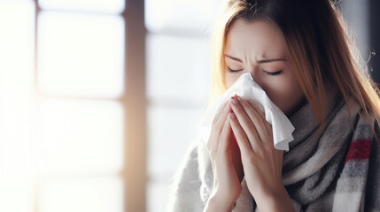 Young woman on a winter coat suffering from allergies or the flu blows her nose or sneezes into a handkerchief. - obrazy, fototapety, plakaty