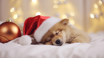Fototapeta na wymiar Cute puppy sleeping in a knitted santa hat