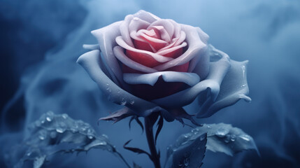 A frozen pink rose with smoke on dark background