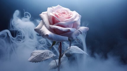 A frozen pink rose with smoke on dark background