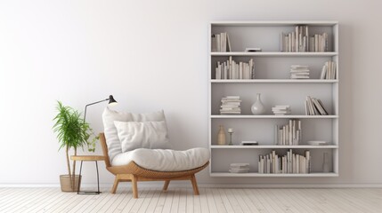 A stylish and contemporary image of a modern living room with a white wall and wooden floor. The main focus of the image is a white bookshelf with multiple shelves and a variety of books and