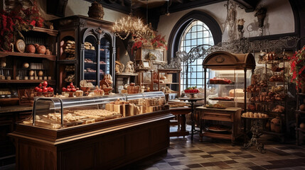 Historic Italian bakery with antique interiors, showcase is filled with various Maritozzo and other baked goods. Banner.