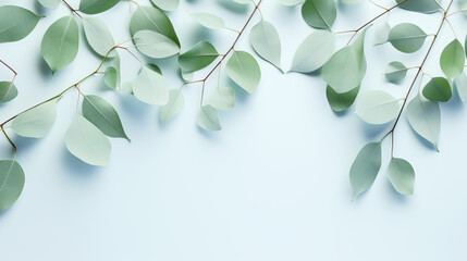 Eucalyptus leaves on pastel background. Flat lay, top view - obrazy, fototapety, plakaty