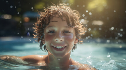 Fototapeta na wymiar Boy having fun swimming in a pool