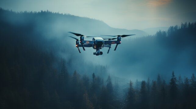 A drone collects photographs of natural environments from above, demonstrating how technology may be used for environmental conservation and research.