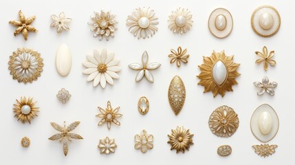 A collection of 24 vintage gold and pearl brooches on a white background. The brooches are in various shapes and sizes, such as flowers, leaves, and stars. The brooches are arranged in a symmetrical - obrazy, fototapety, plakaty