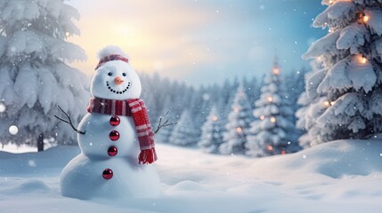 Snowman with Christmas tree on the winter background AI Generative