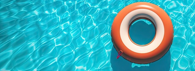 Summer vacation by pool with float ring. Beachside bliss. Top view of colorful inflatables. Inflatable fun. Poolside leisure. Summertime recreation and relaxation