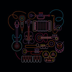 Neon colors isolated on a black background Music Instruments vector design. Set of line art silhouettes of different musical instruments. 