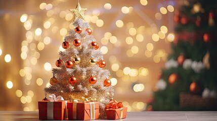 Fototapeta na wymiar Christmas tree with decoration and gift box on the tableAI Generative