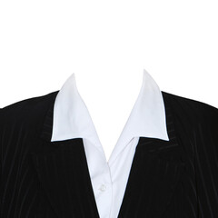 Women's formal wear. Business suit. Black blazer with white blouse.
