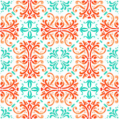 Abstract watercolor tile ornament with bright colors - orange, turquoise. Seamless pattern on a white background. Large format.