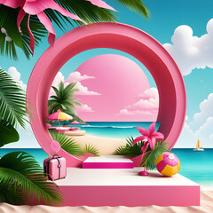 Fototapeta na wymiar a beach scene with suitcases and palm trees, travel ad, vibrant tourism poster, travel poster, pink tone. ai generative