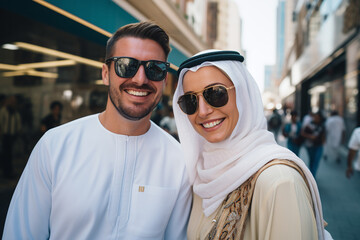 Beautiful couple in sunglasses laughs happily and walks through the streets of Dubai