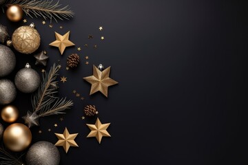 Fototapeta na wymiar Fancy golden and black christmas background with ornaments. Greeting card mockup