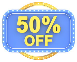50% sale. Sign Board. 3D illustration.